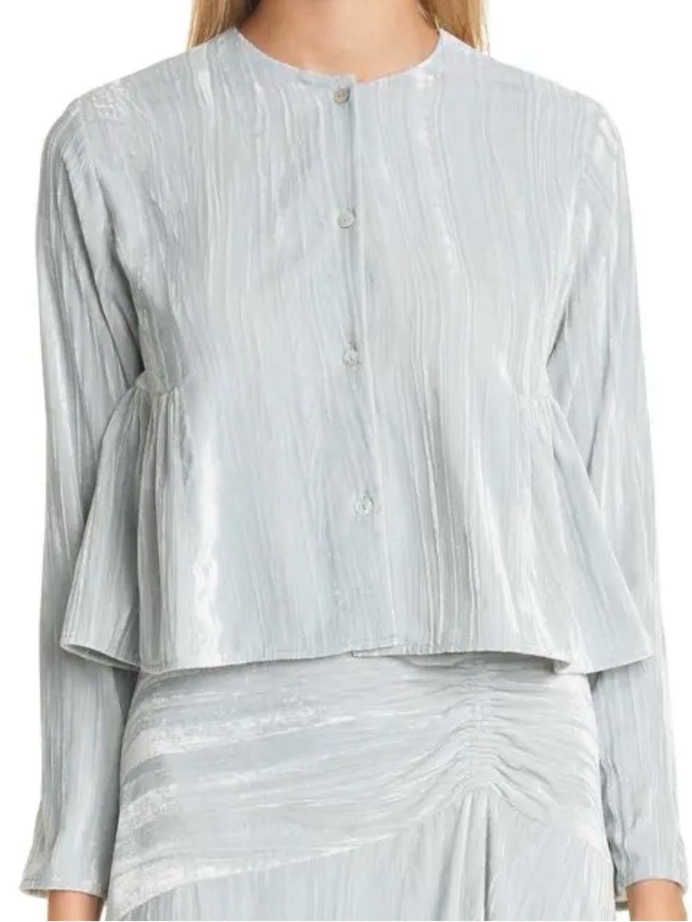 Vince Silver Shimmer Pleated Button-Front Peplum Blouse